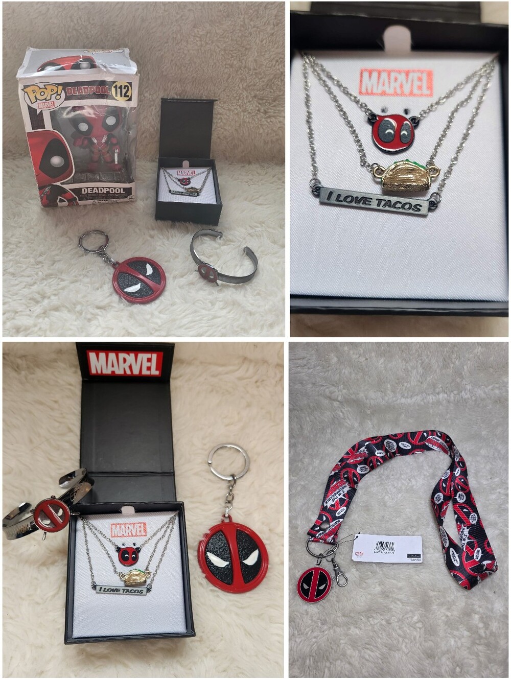 NEW Marvel Deadpool 4-Pc Set: Tacos Necklace, Cuff, Keychain & Funko Pop